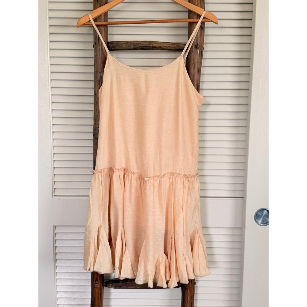 Bluivy Mini Dress Medium Peach Drop Waist Ruffle Spaghetti Strap